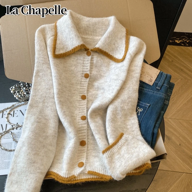 拉夏贝尔元气甜美撞色翻领毛衣女秋冬新款韩系宽松百搭针织开衫女