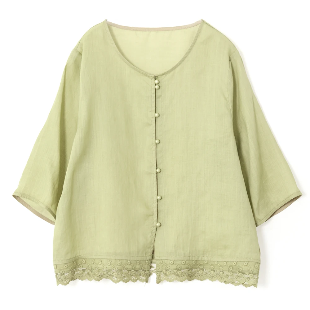 棉叙苎麻花边七分袖衬衫女夏季文艺简约国风圆领上衣15778