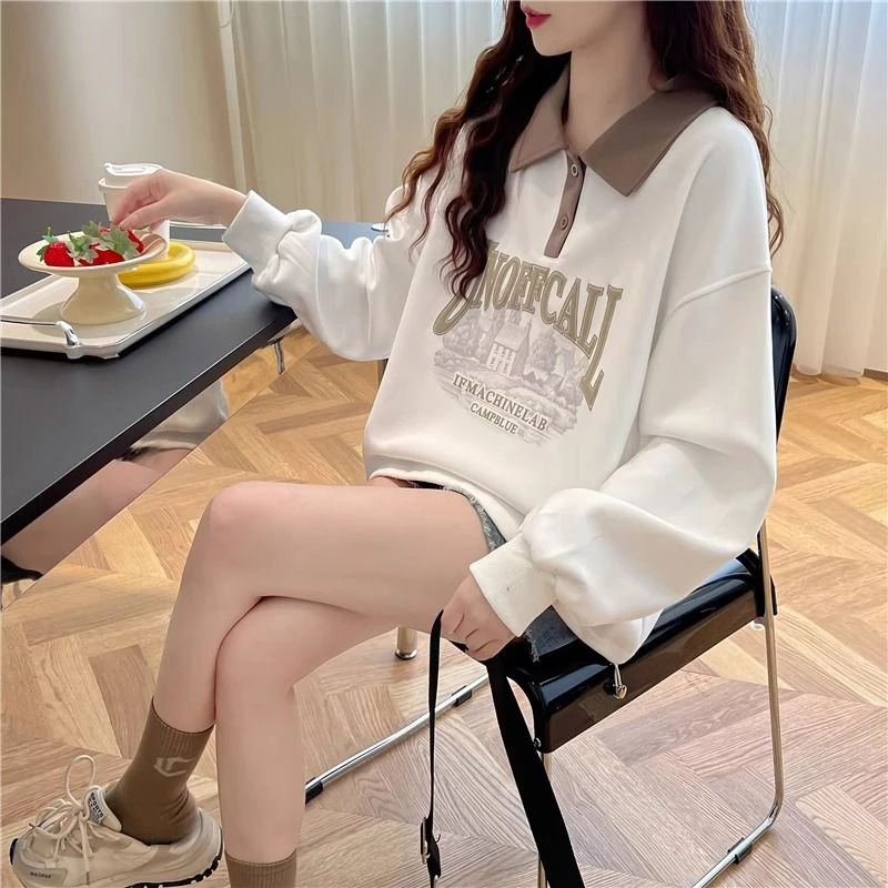 美式复古套头翻领长袖卫衣女春秋薄款休闲洋气百搭学生polo领外套