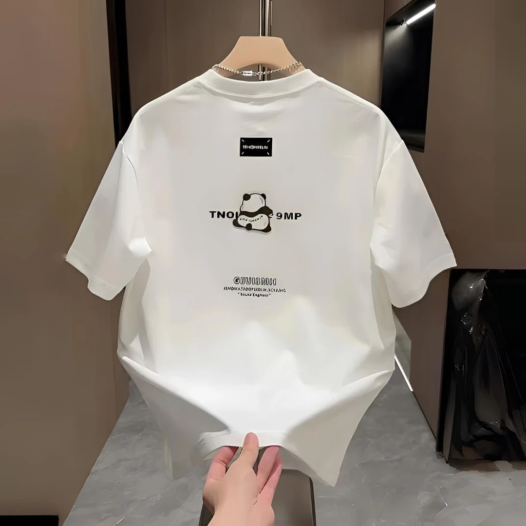 夏季彩绘印花熊猫国潮短袖痞帅时尚男士纯棉圆领T百搭短袖T恤半袖