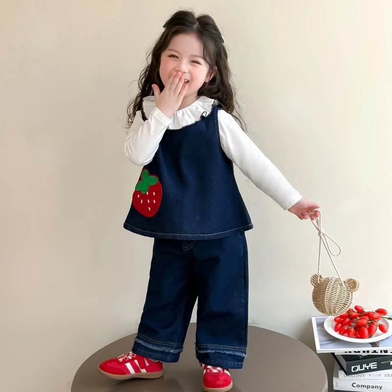 女童春装套装2025新款韩范儿童打底衫牛仔背心牛仔裤洋气三件套潮