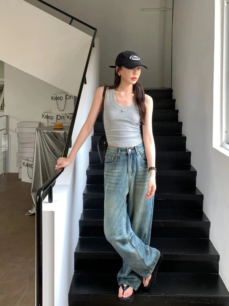 【N26112】韩版复古水洗做旧直筒牛仔裤男女同款