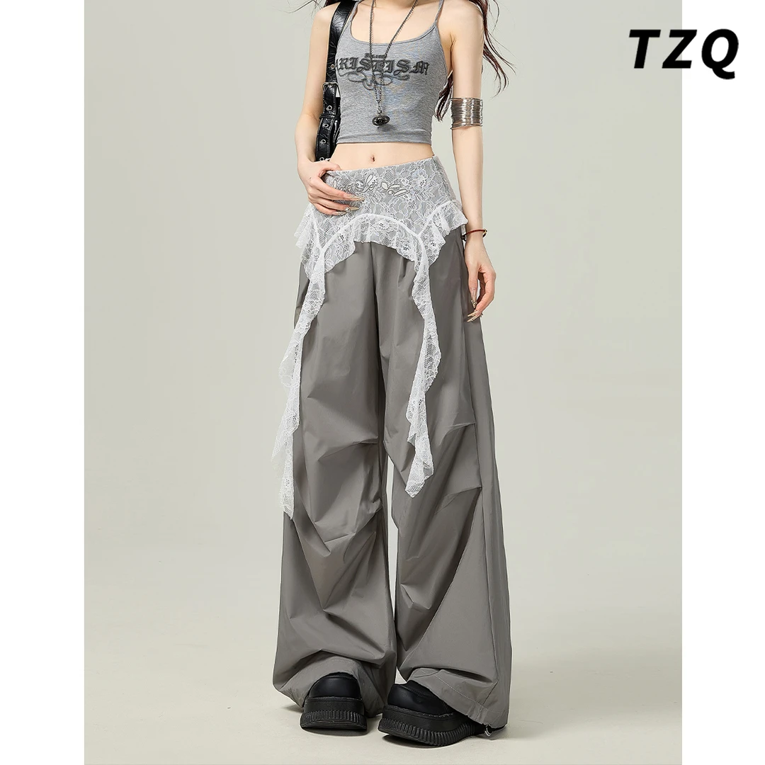 蕾丝拼接直筒休闲裤女2025夏季新款时尚宽松阔腿长裤子TZQ2550942