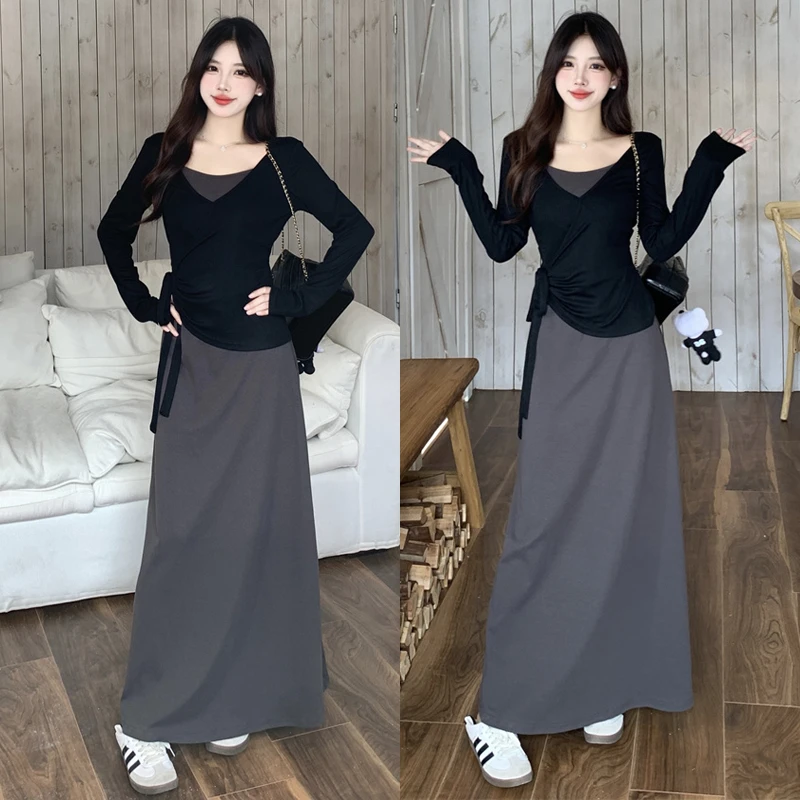 大码胖mm韩版秋季新款慵懒风显瘦长袖绑带t恤+吊带裙两件套装女