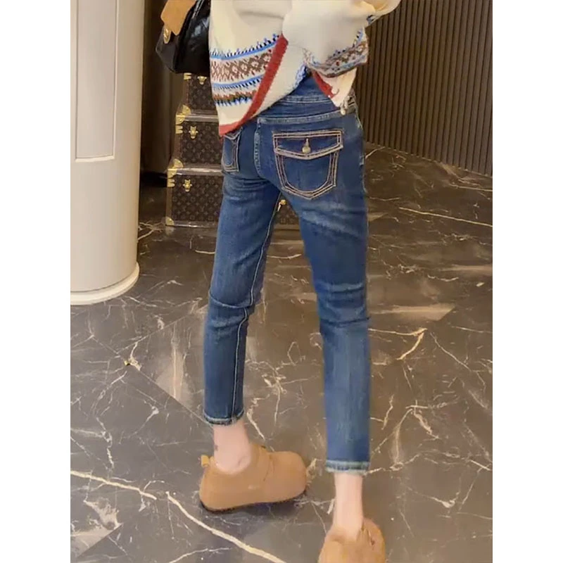 2025年秋冬新款厚绒爆款高腰小脚裤蓝色显瘦小个子九分铅笔牛仔裤