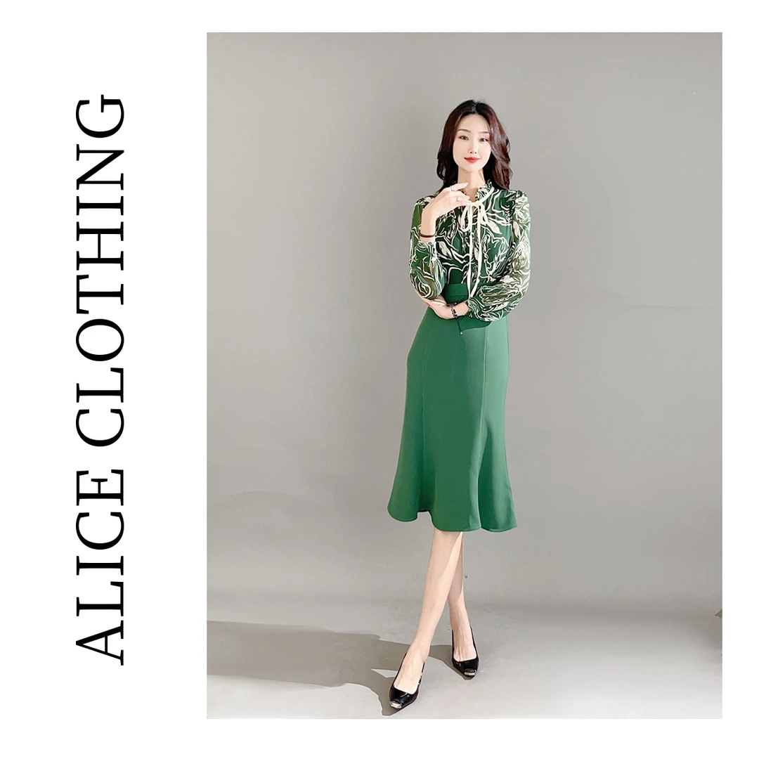 1ALICE 绿林漫步通勤连衣裙艺术印花 时髦拼接 S1031720Q