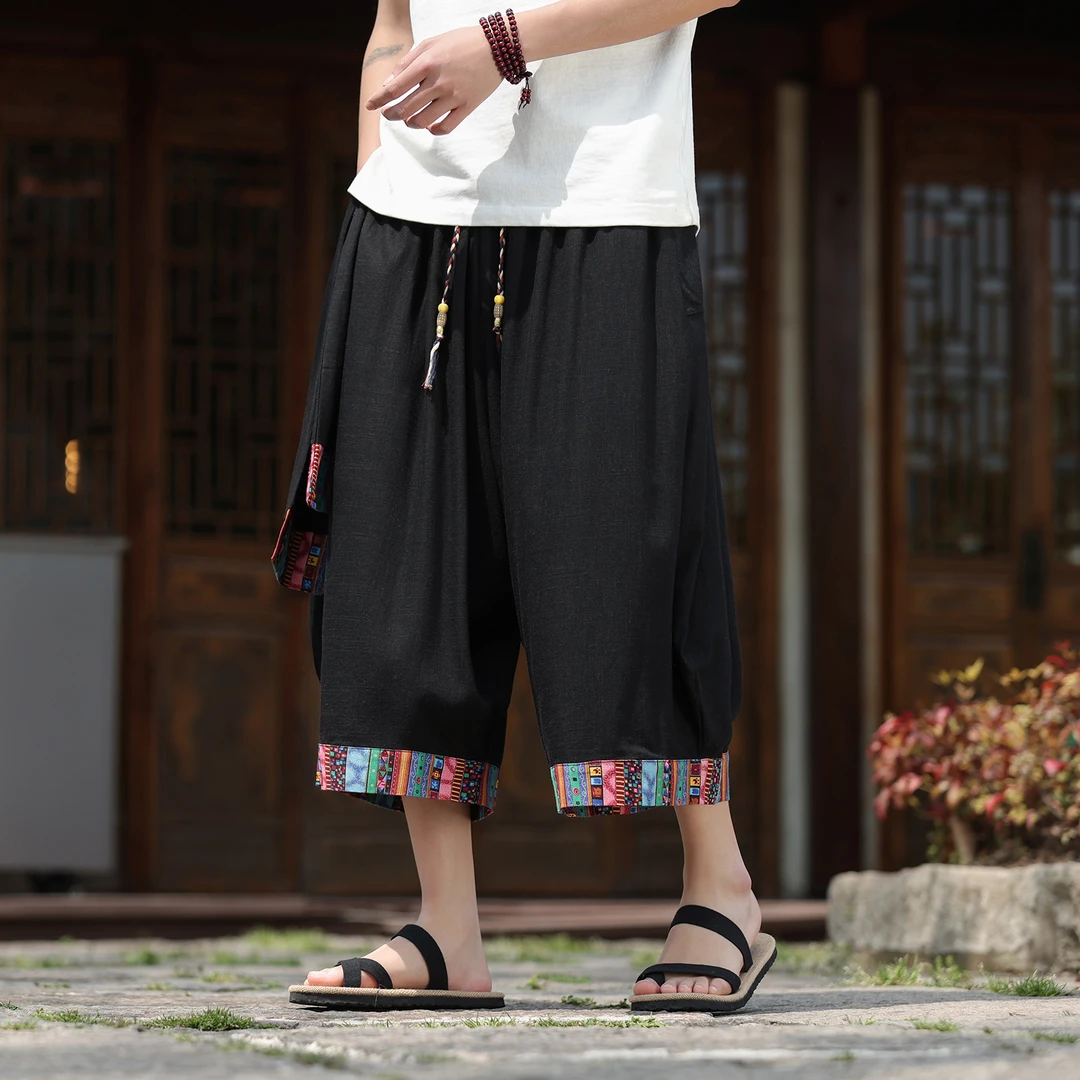 七分裤男夏季薄款宽松亚麻裤中国风印花棉麻裤子男生加大码直筒裤