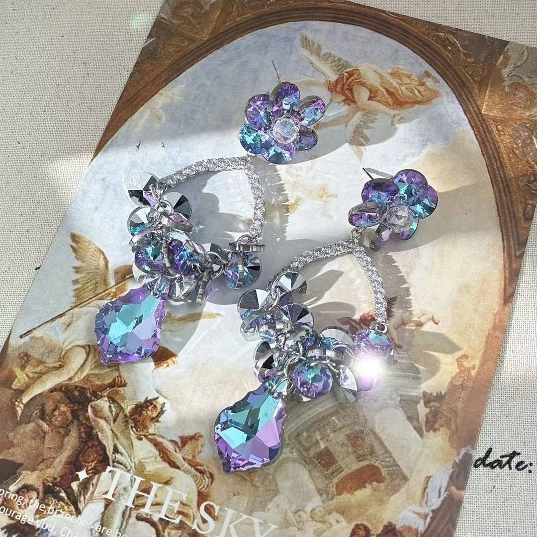 铜合金仿水晶耳饰 远远（YY874)镀k轻奢气质时尚梦幻彩色8cm