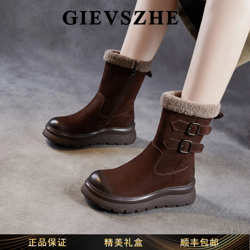 纪诗哲防滑厚底雪地靴女加绒加厚2025冬款皮带扣保暖毛口真皮靴子