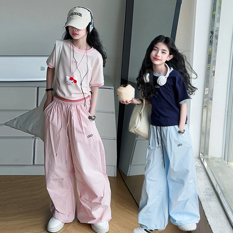 女童套装2025早秋儿童洋气时髦短袖T恤大童工装休闲长裤两件套夏
