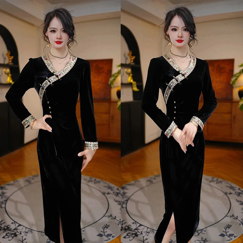 中国风秋季钉珠丝绒民族风小黑裙宴会复古连衣裙气质