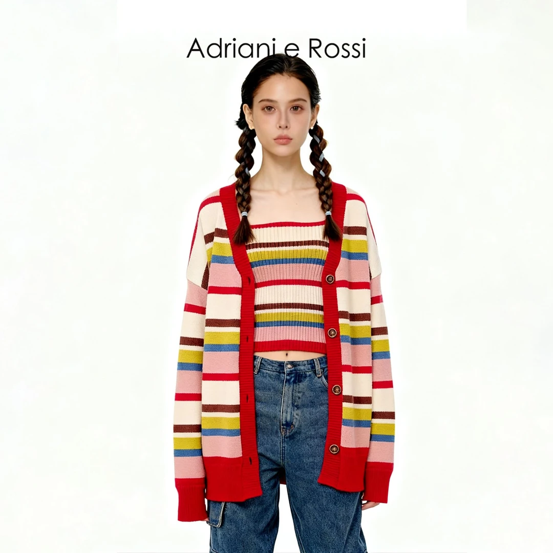 ADRIANI e ROSSI2025秋冬新款—撞色条纹红色毛衫