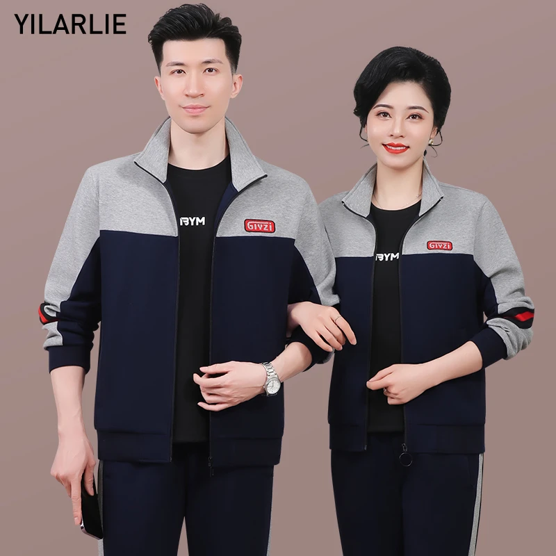中年情侣运动套装春季新款时尚爸爸妈妈装卫衣外套男女休闲三件套