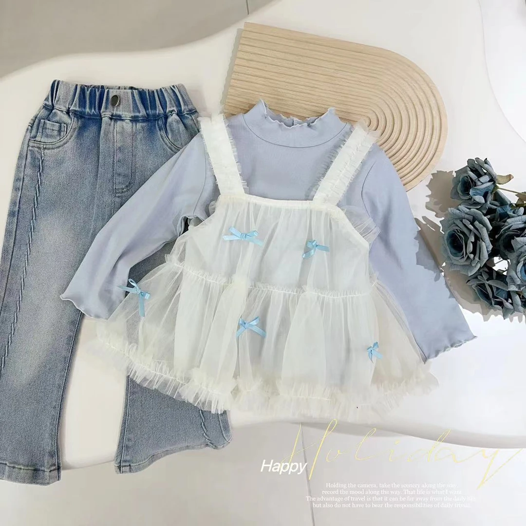 汤圆家童装2025春季新款韩系精美蝴蝶结超仙真两件打底衫 YA-923