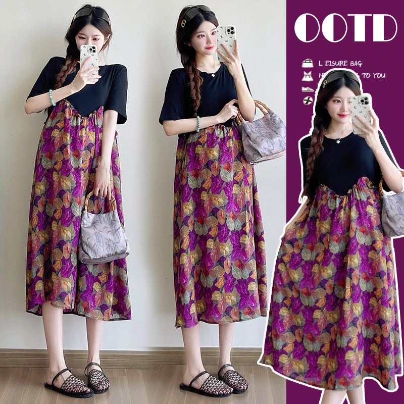 孕妇装夏季圆领碎花设计感拼接假两件孕妇连衣裙夏装复古孕妇裙夏