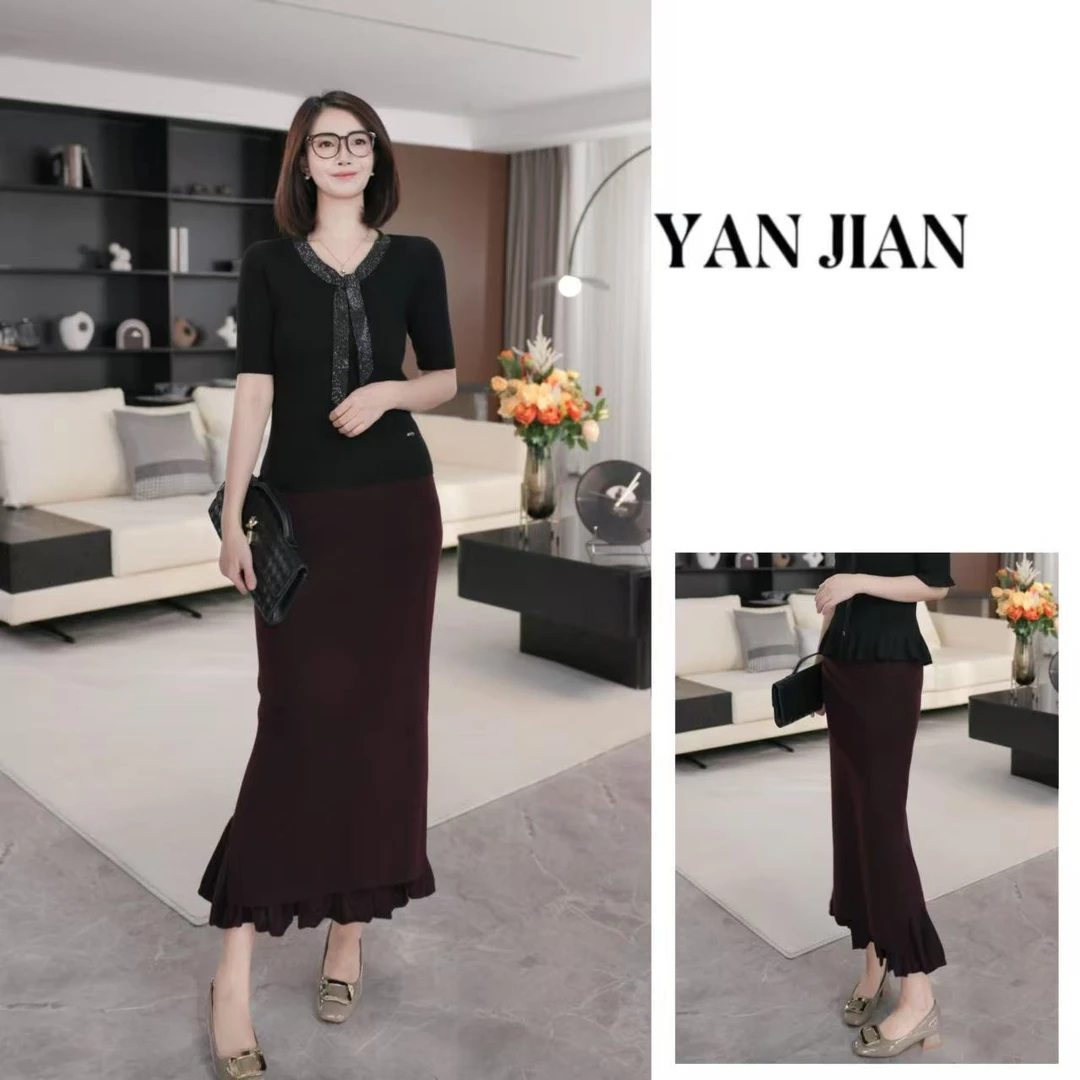 YAN JIAN【漫步生花】绵羊毛设计感气质优雅双层花边鱼尾半裙