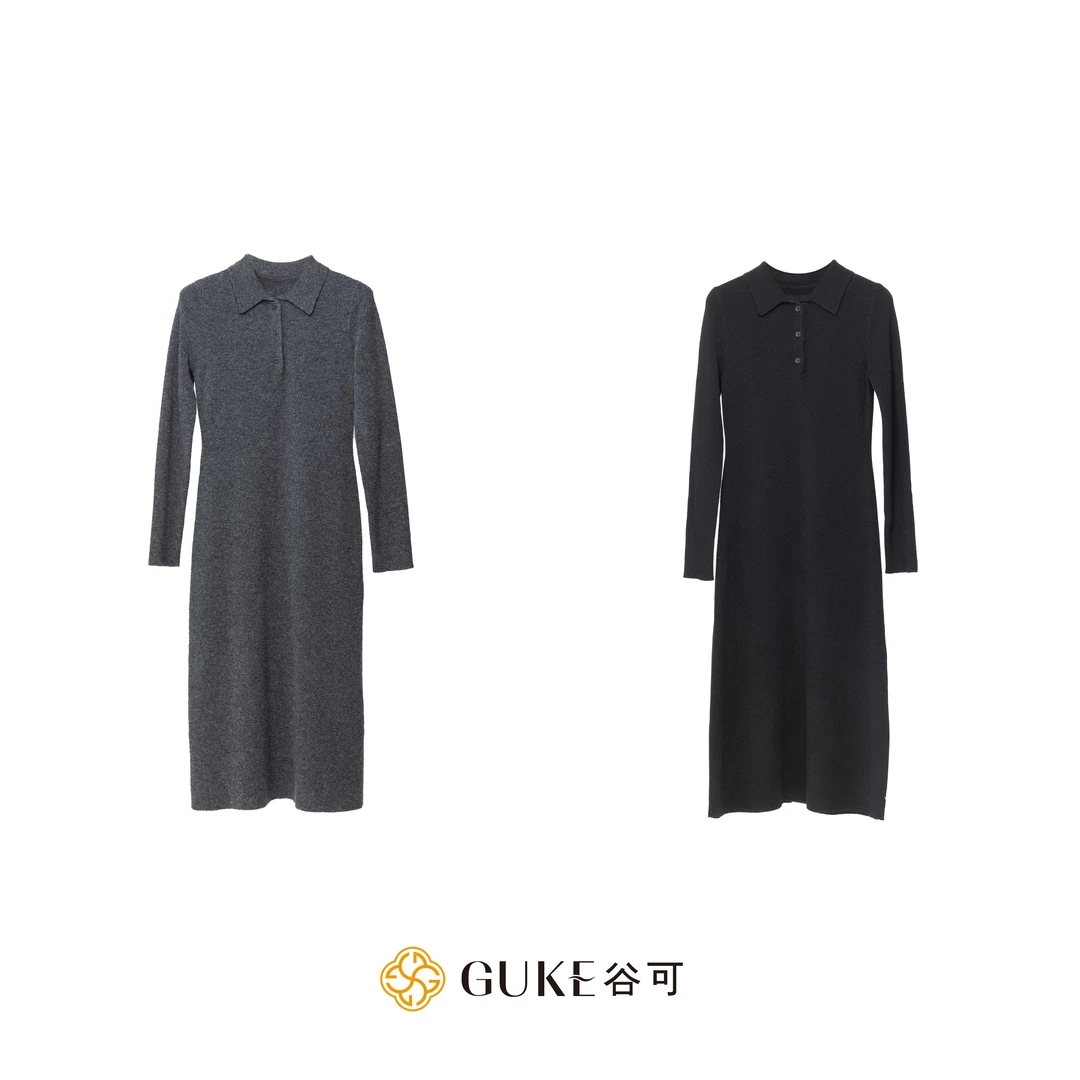 GKE/谷可MS6068  2025秋冬款半开翻领修身羊毛毛织高级长袖连衣裙