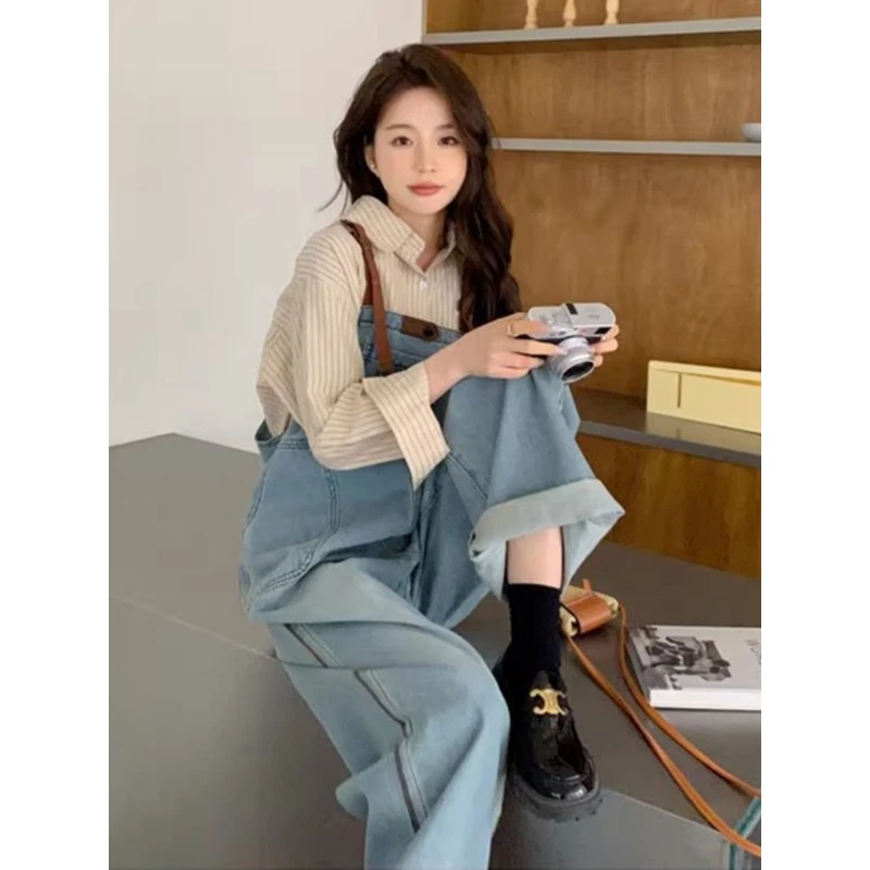 大码女装胖mm2025秋秋梨型身材高腰小个子显瘦直筒背带阔腿牛仔裤