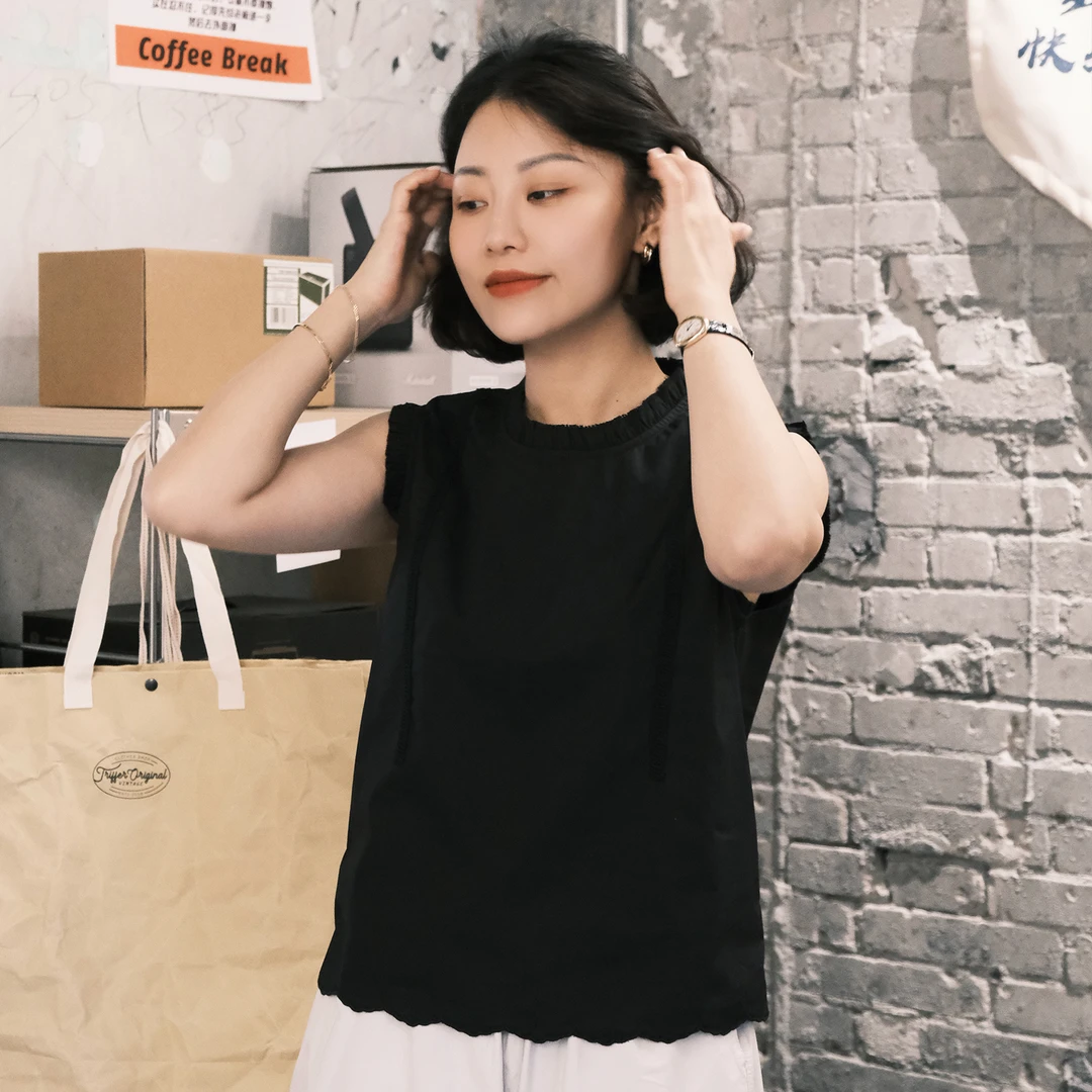 XIYE&W【木耳边小衫】花边无袖上衣