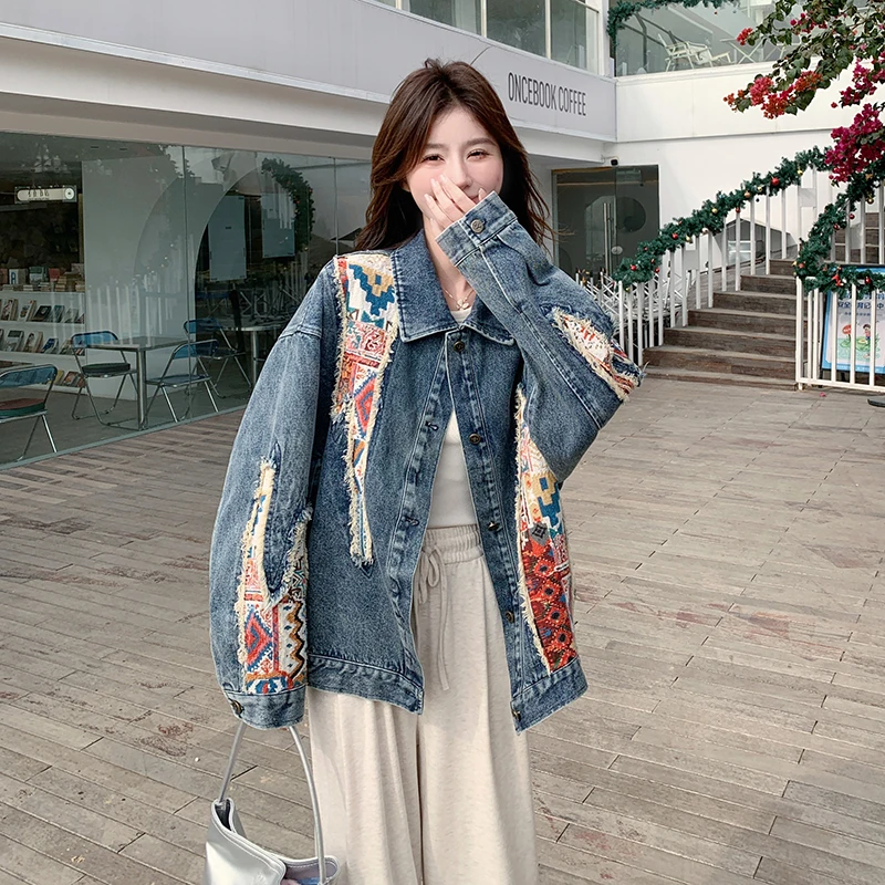复古刺绣拼接牛仔外套女2025春季新款设计感小众独特时尚夹克上衣