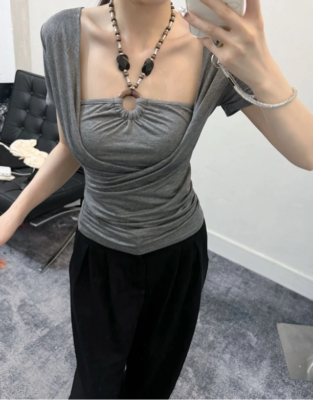 小众抗皱法式短袖修身型辣妹风T恤修身辣妹显瘦常规9467