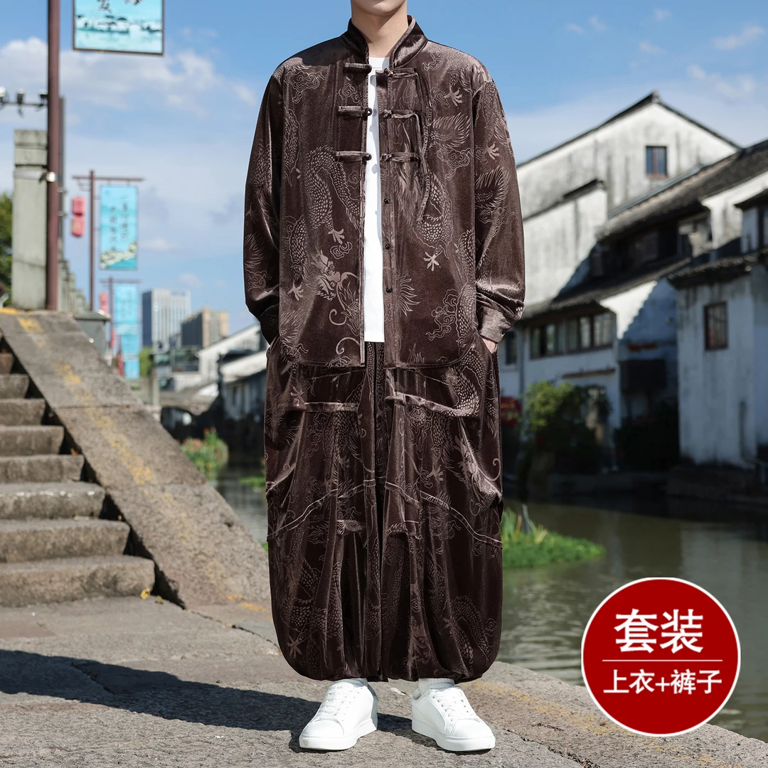 中国风龙袍唐装男复古提花金丝绒茶服套装宽松高级感灯笼裤两件套