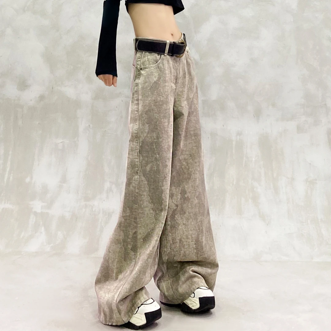 扎染色设计感高腰休闲牛仔裤女秋新款宽松显瘦百搭直筒阔腿拖地裤