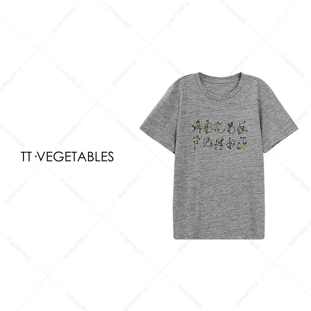 TT・VEGETABLES【序白】丝弦 精致字母花卉点缀短袖圆领T恤511753