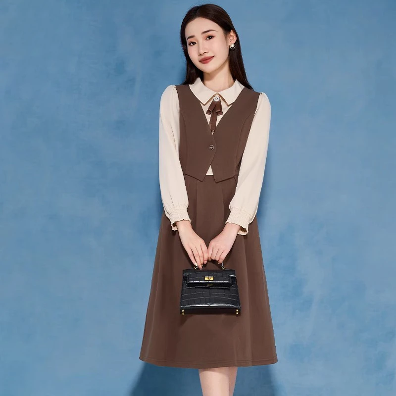 拉夏贝尔长袖连衣裙2025新款春季轻奢高级感气质小个子假两件裙子