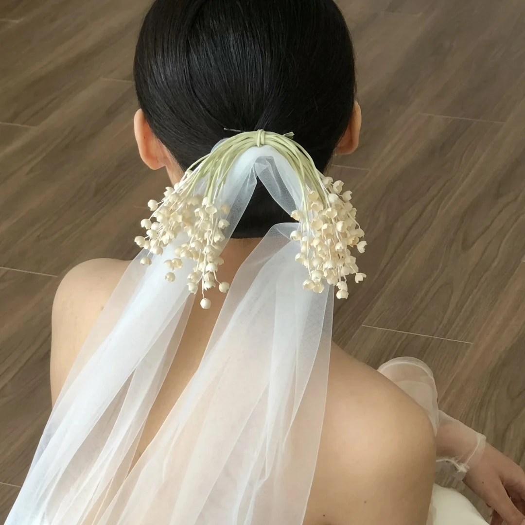 7985新款铃兰花森系新娘头纱花边婚纱复古头饰结婚高级感