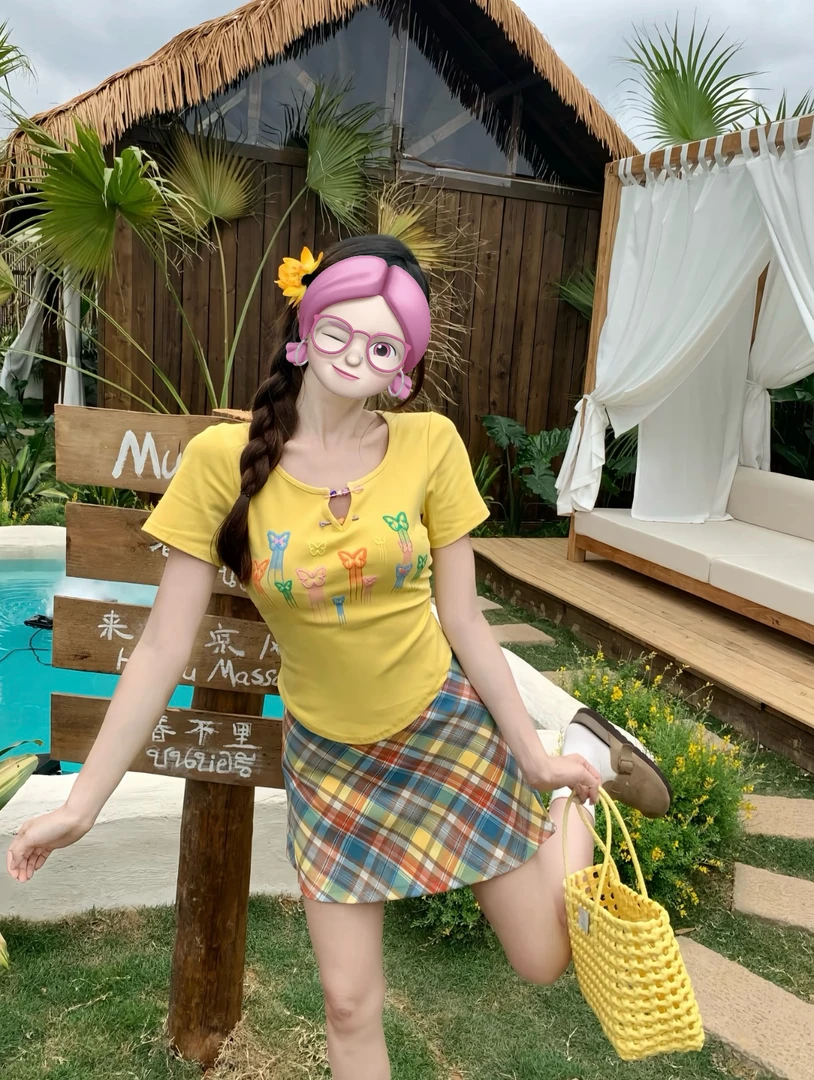 多巴胺黄色短袖t恤女夏季修身显瘦甜辣妹高街蝴蝶印花短款上衣