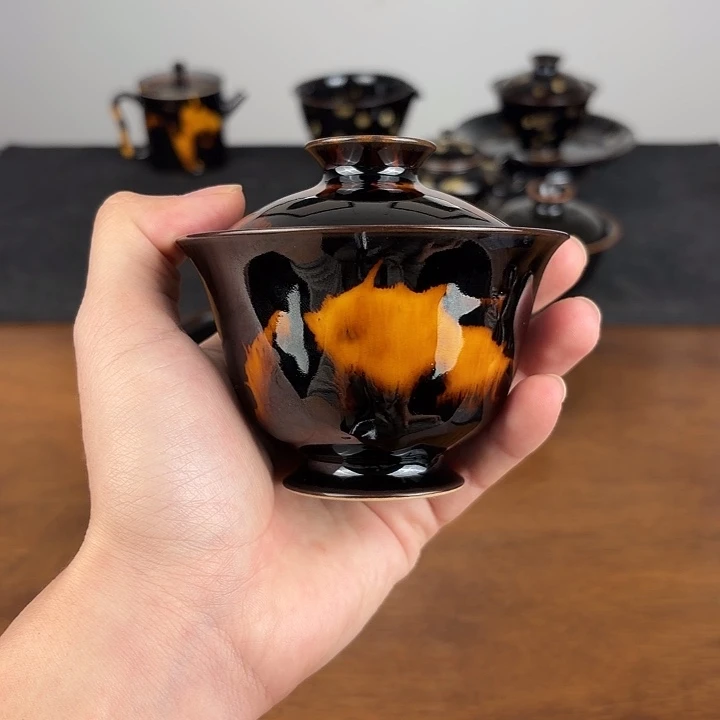 瓷玳瑁釉二才元宝盖碗