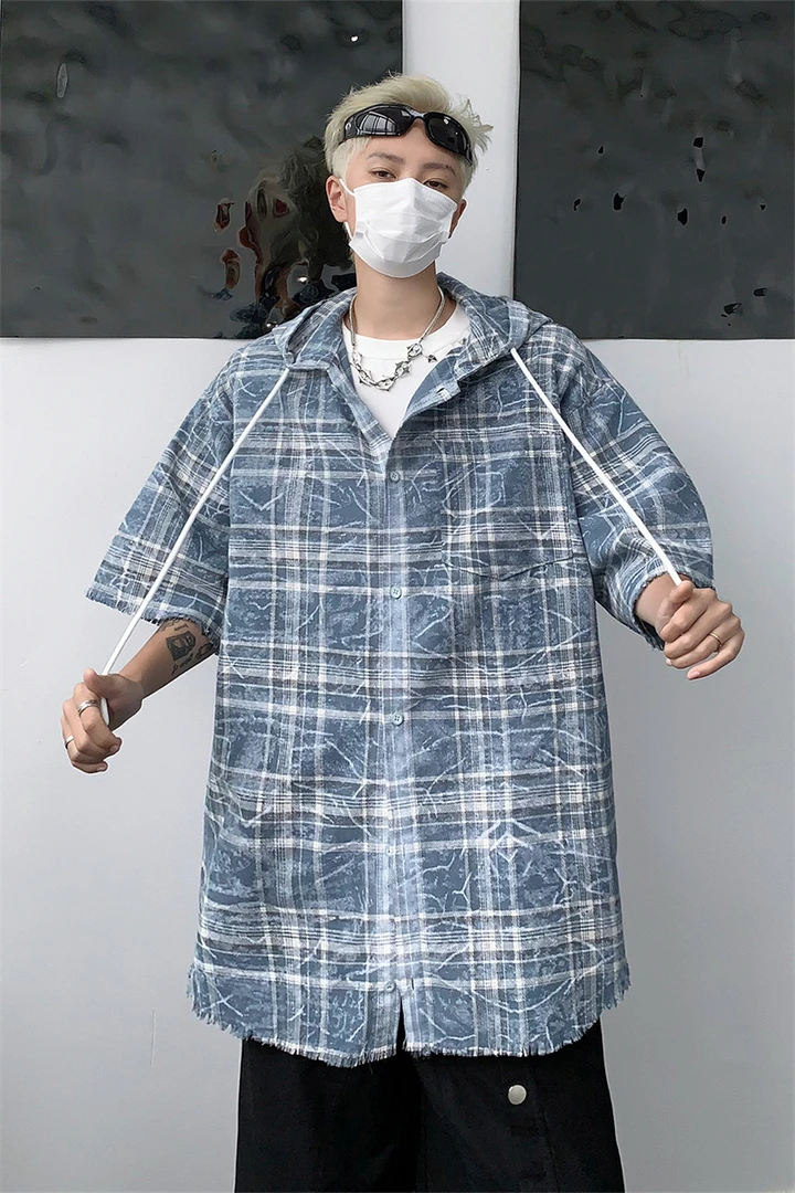 美式复古蓝色连帽毛边短袖衬衫男款夏季街头痞帅宽松百搭外套上衣
