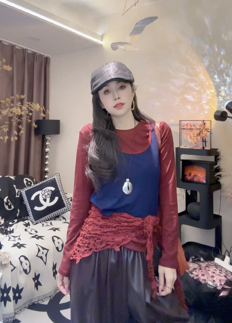 L.X~早秋新款时尚撞色背心叠穿长袖T恤修身显瘦假两件上衣女6865