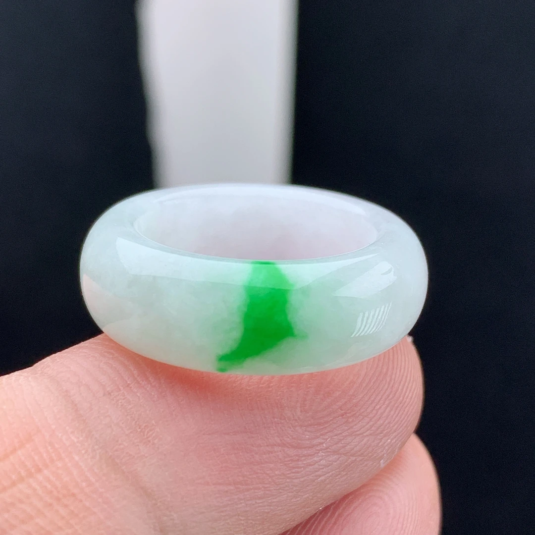 戒指内径17.4缅甸纯天然A货翡翠老种飘花阳绿色尾戒指环大气时尚
