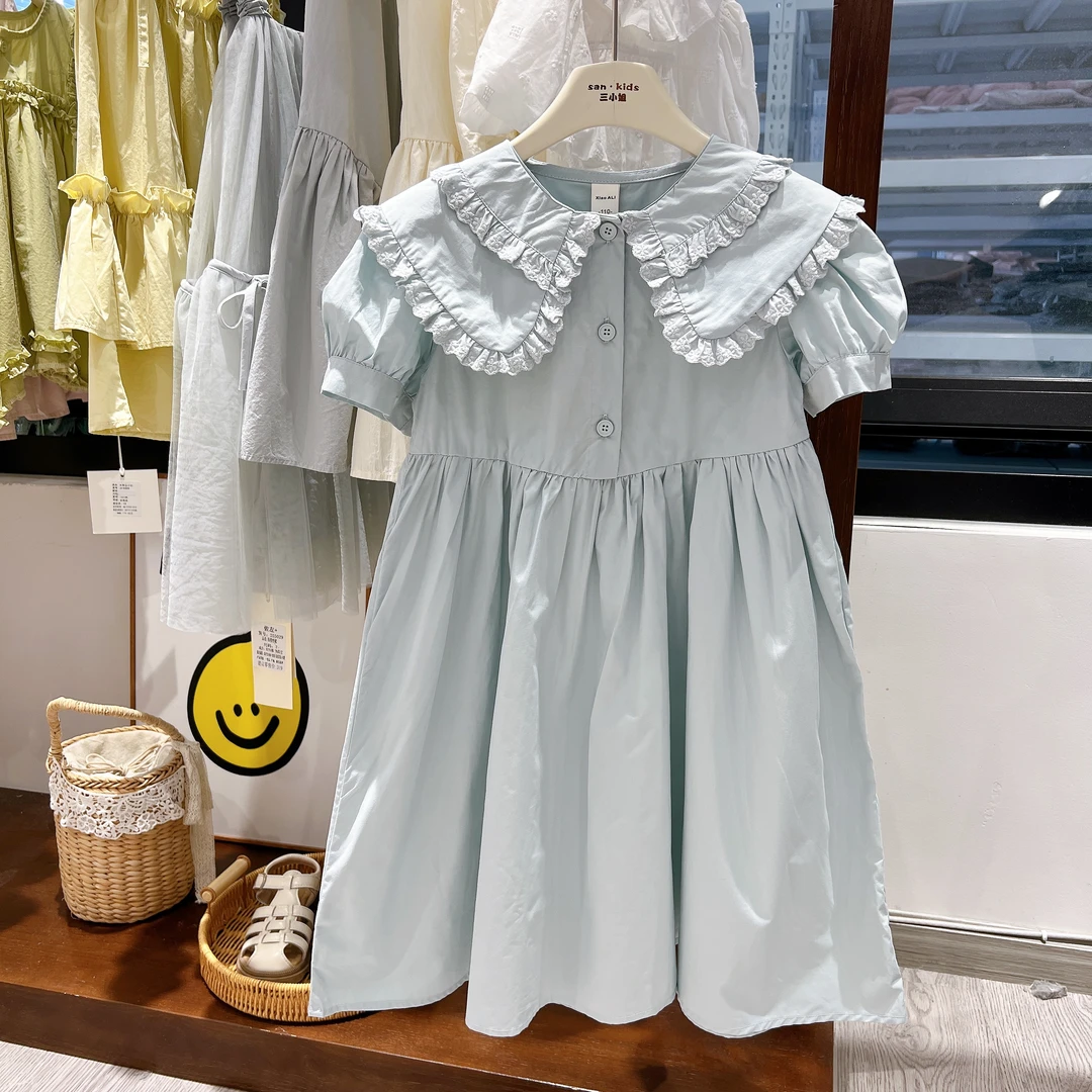 【棉布连衣裙】2594（蓝色）连衣裙 女童韩版 蕾丝花边娃娃领 连衣裙