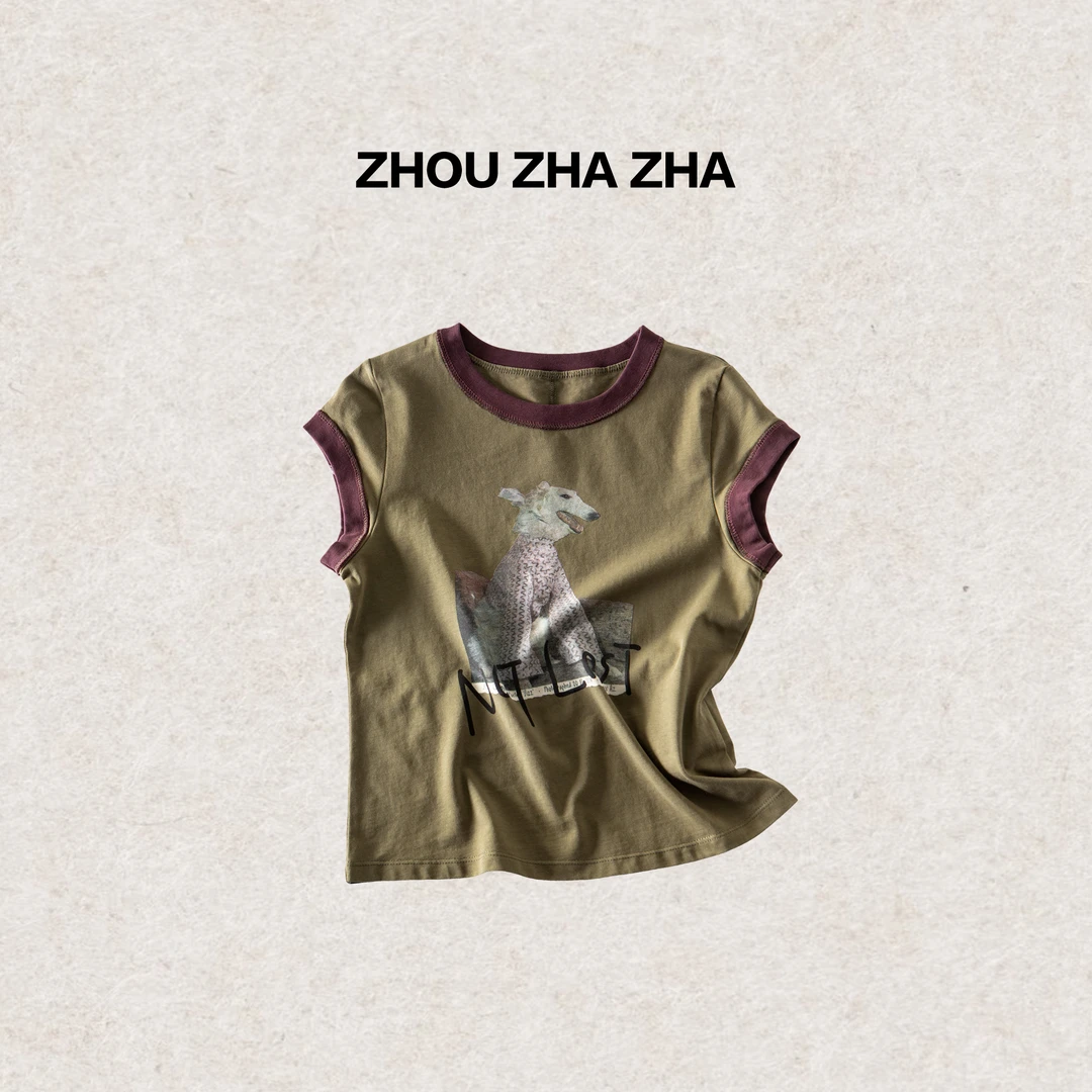 【周炸炸】复古美式印花短袖纯棉狗狗小飞袖拼色短袖T恤#252193