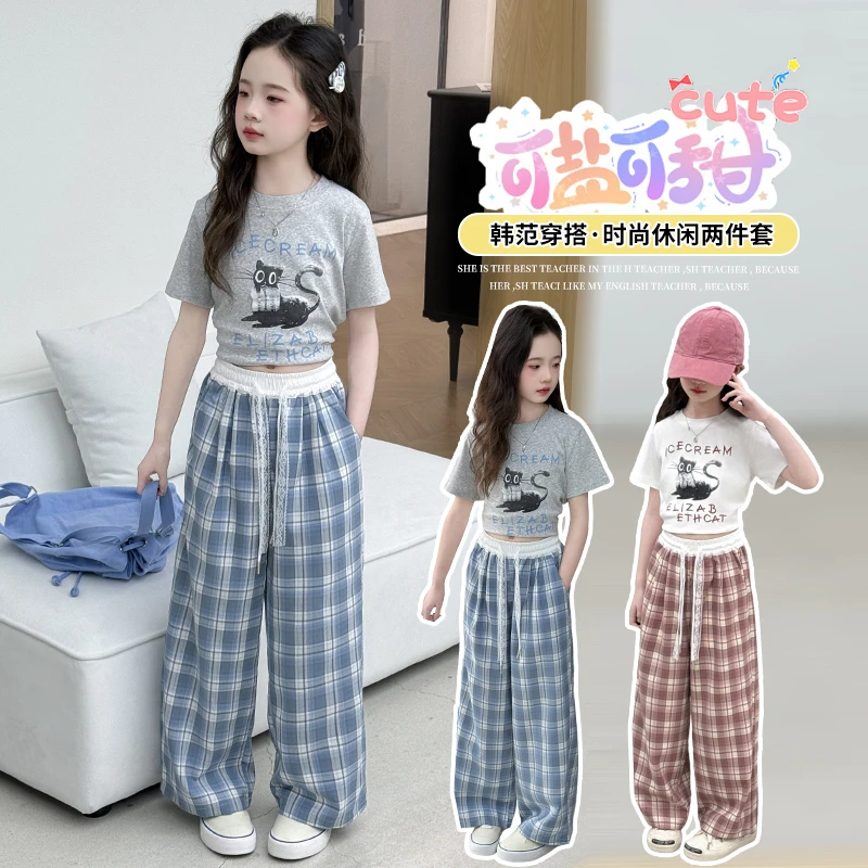 女童套装2025新款夏季卡通猫咪短袖T恤格子阔腿裤女孩夏装两件套