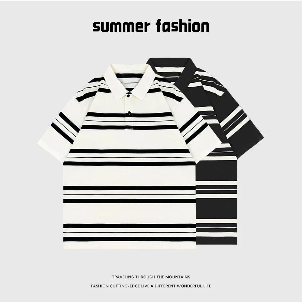 93113【夏季上新翻领条纹POLO衫】时尚百搭撞色翻领套头T恤
