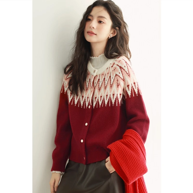 复古费尔岛提花针织开衫女2025春秋高级感洋气时尚宽松毛衣外套