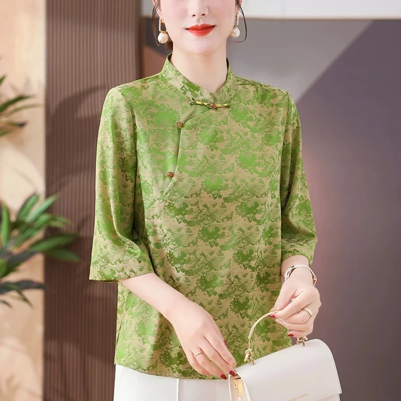 新中式国风真丝盘扣上衣加肥加大码新款中老年妈妈夏装桑蚕丝t恤