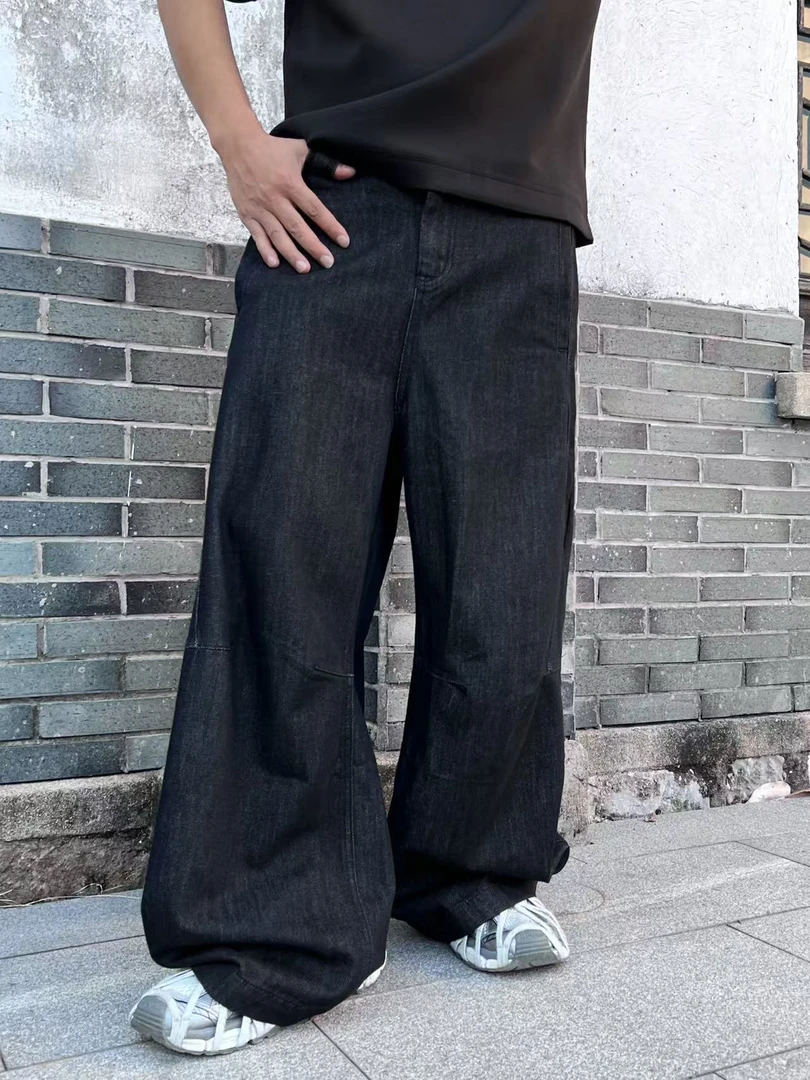 休闲风复古微弹力休闲水洗牛仔裤做旧阔腿裤高街