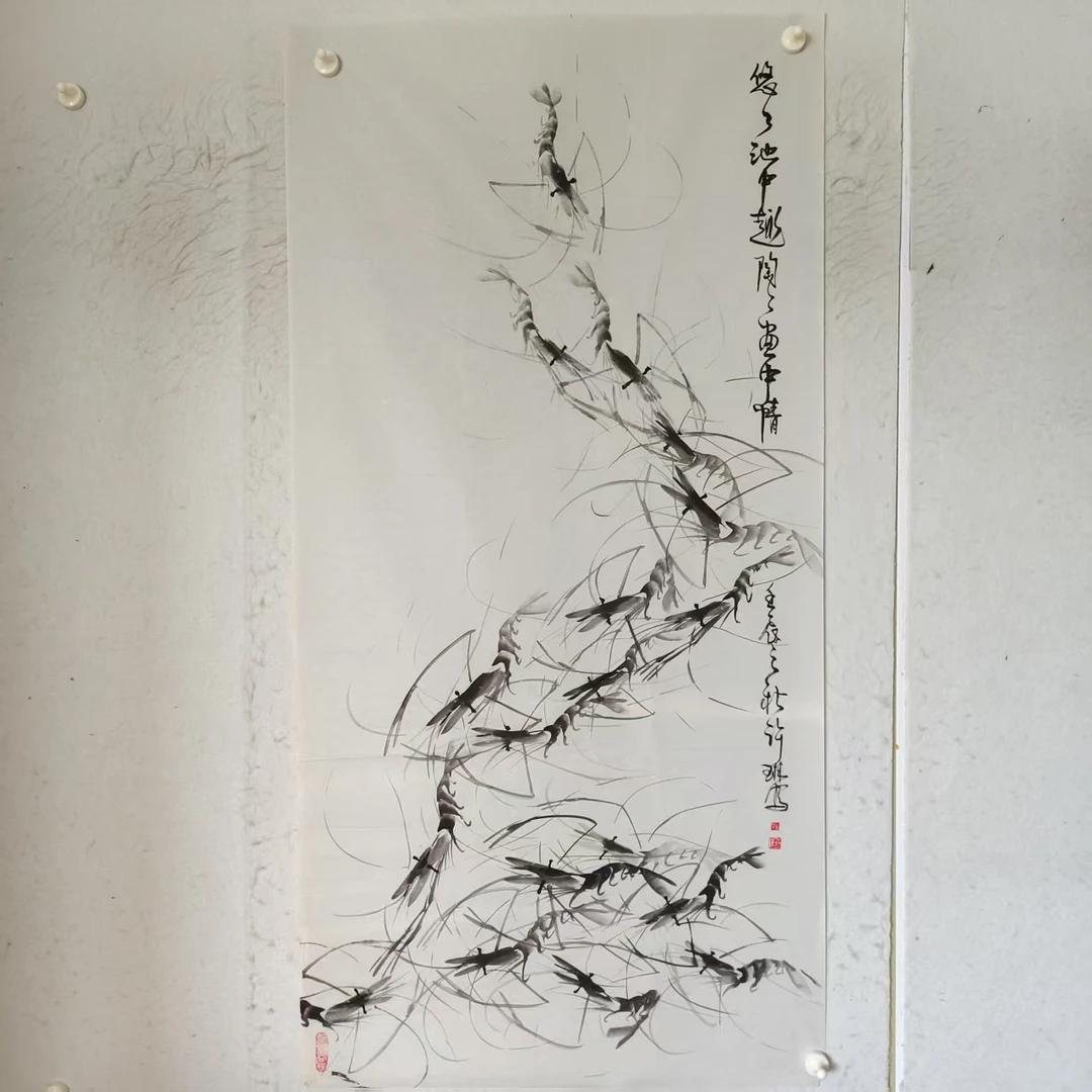 4805 纯手绘老字画《虾》中堂  尺寸 137×68