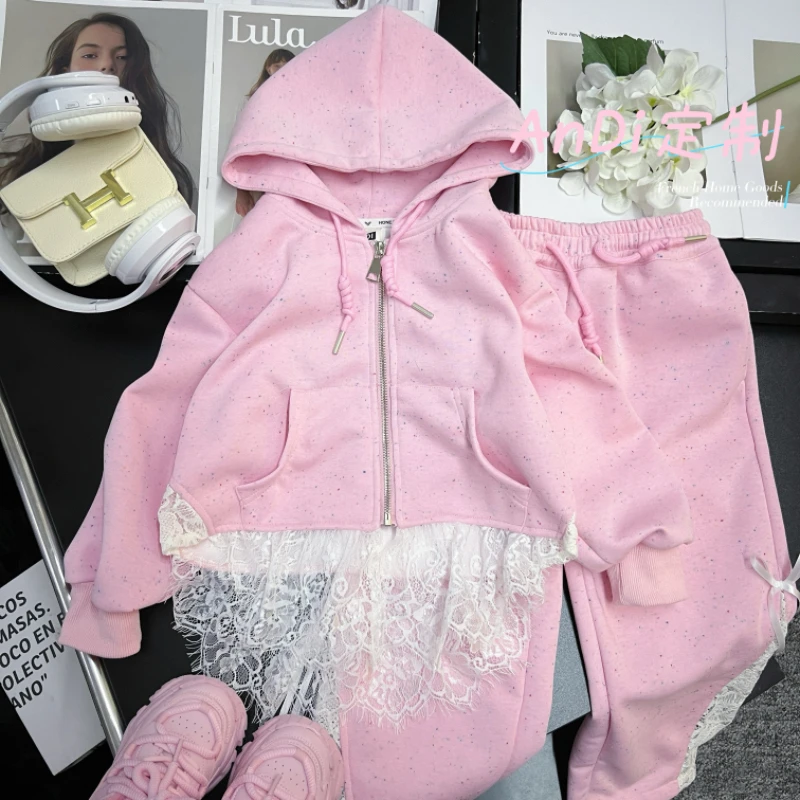 〖ANDI〗订制春季新款韩版女童蕾丝拼接外套裤子两件套套装3544