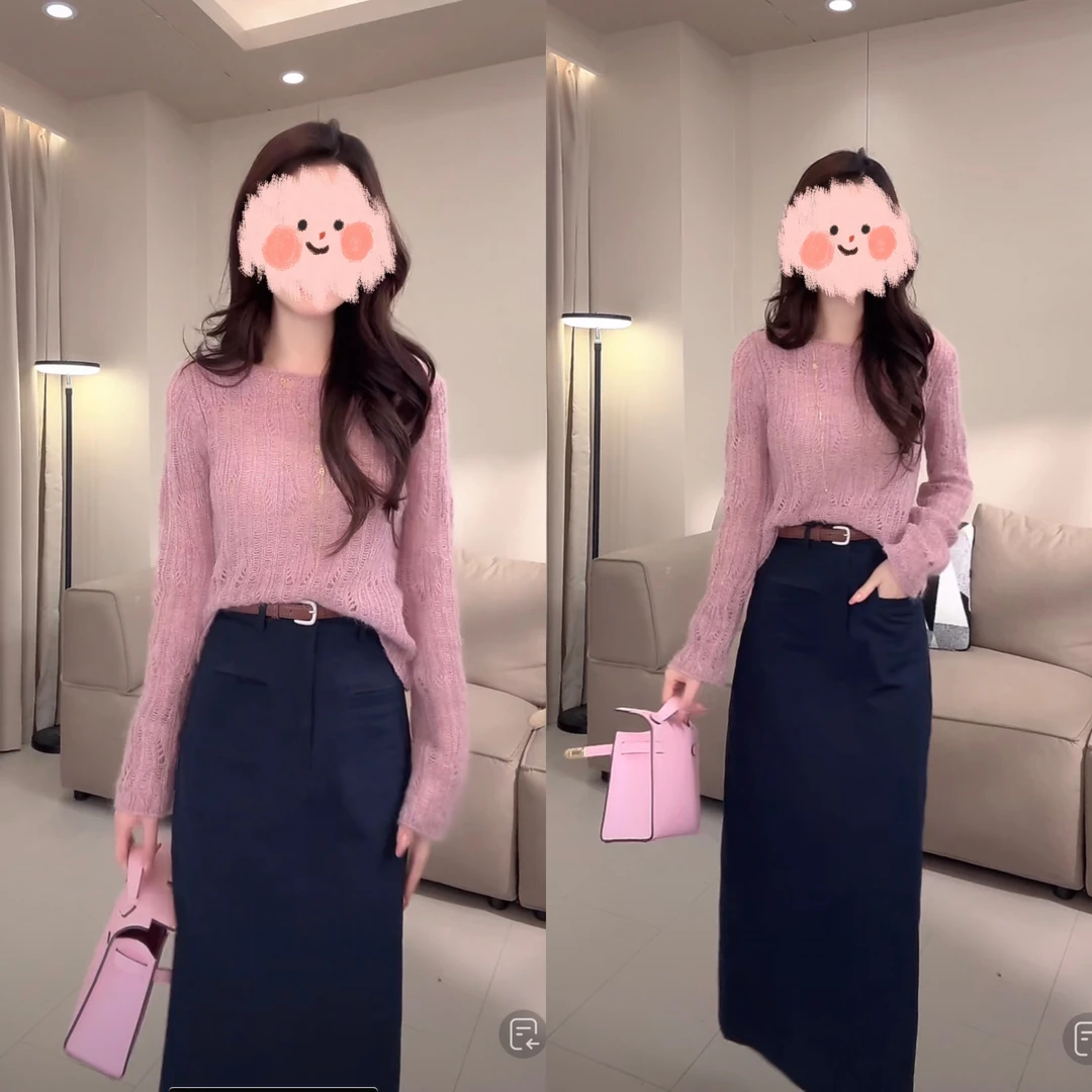 镂空针织圆领气质长袖百搭打底上衣高腰开叉半身裙两件套