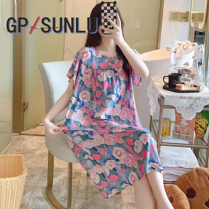 日本小众GP棉绸睡裙女夏季超薄款凉感睡衣花卉短袖人造棉裙加大码