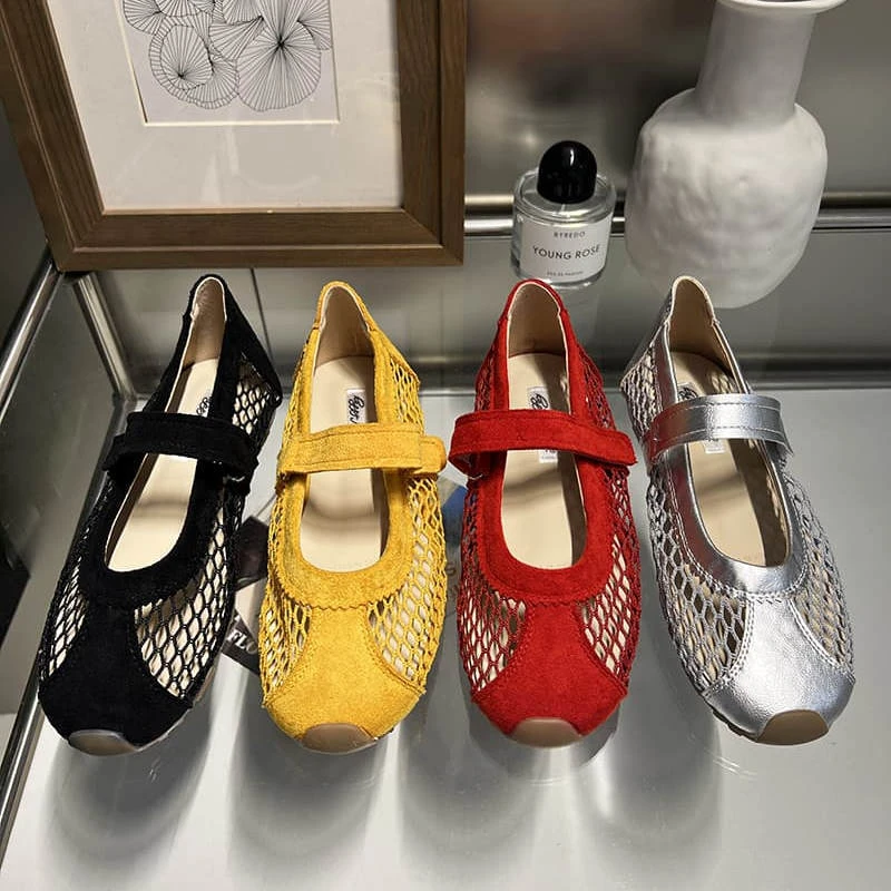 韩版一字带魔术贴芭蕾舞平底单鞋女2025夏季凉鞋休闲软底透气网鞋