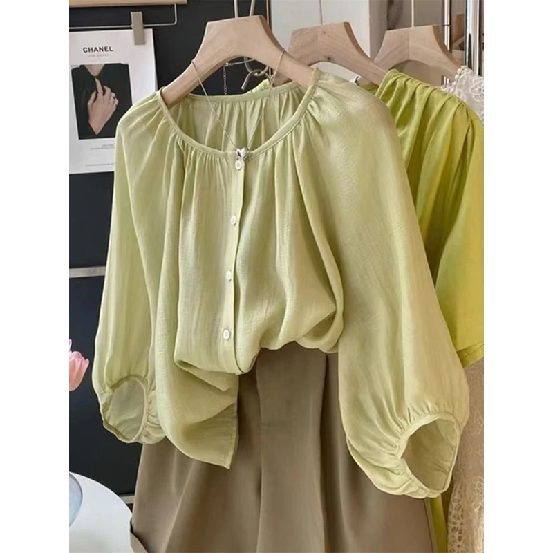 天丝短袖衬衫女夏季薄款高级感泡泡袖独特别致衬衣法式七分袖上衣