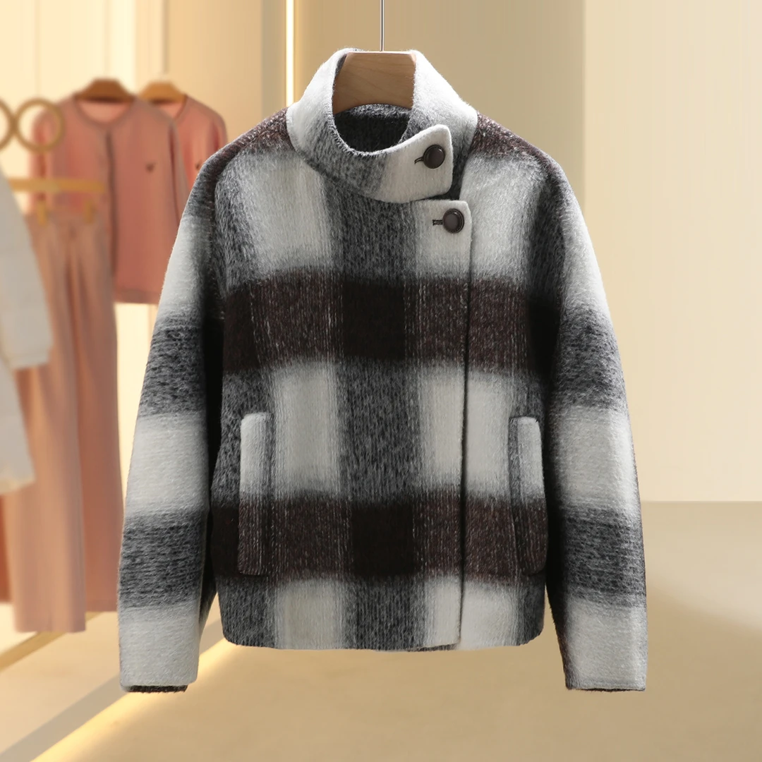 【香】绵羊毛格子时尚设计感呢外套2025冬季新款七号铺撤柜女装