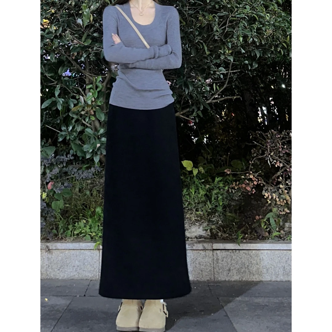 黑色加厚毛呢半身裙女秋冬新款高腰胖mm显瘦开叉呢子直筒包臀长